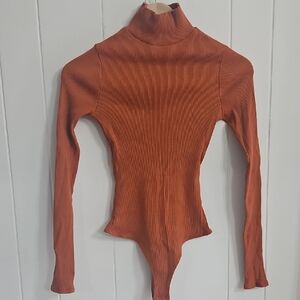 Lulus Basics Ribbed Turtleneck Bodysuit Rust Orange Long Sleeve Size S